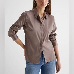 Express Satin Portofino Taupe Button-Down Shirt